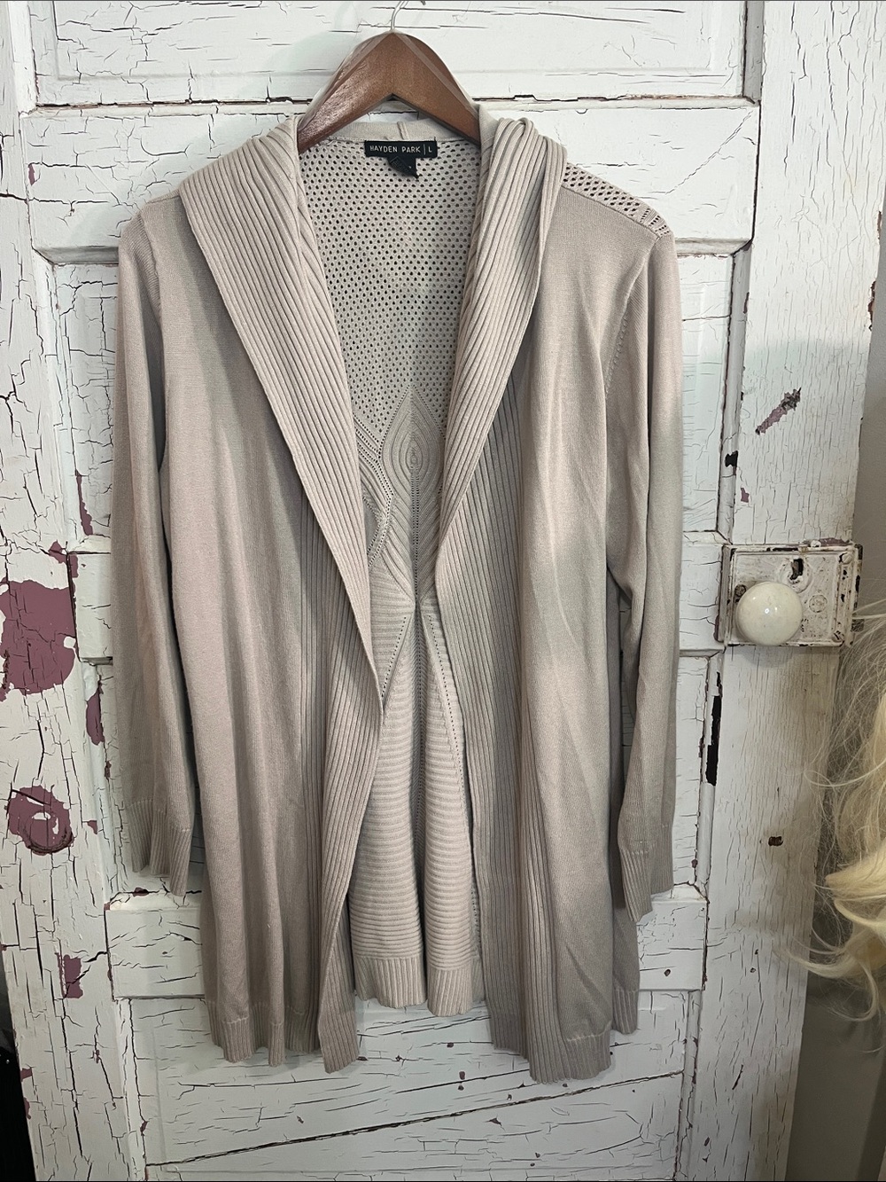 Hayden Park Light Taupe Open-Front Cardigan with hood Sz Lg Rayon Blnd
